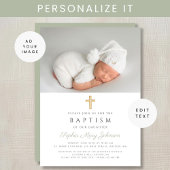 モダンSage Green宗教十字写真バプテスマ 招待状