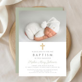 モダンSage Green宗教十字写真バプテスマ 招待状