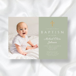 モダンSage Green宗教十字写真バプテスマ 招待状