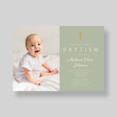 モダンSage Green宗教十字写真バプテスマ 招待状