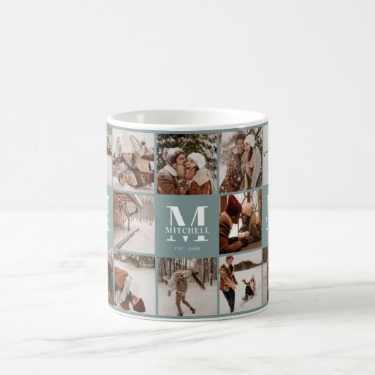 モダンSage Green数々の Photo Collage Keepsake コーヒーマグカップ (中央)