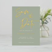 モダンSage Green書道の結婚金ゴールド 箔招待状 (立ち正面)