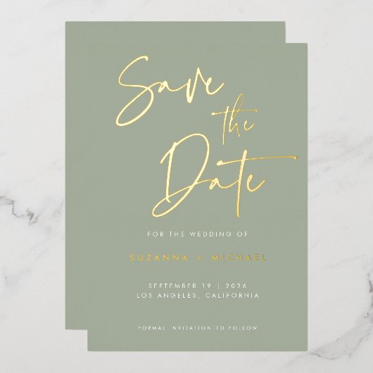 モダンSage Green書道の結婚金ゴールド 箔招待状 (正面/裏面)