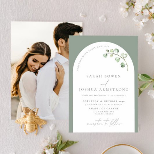 モダンSage Green Arch Botanical Photo結婚's Inv 招待状