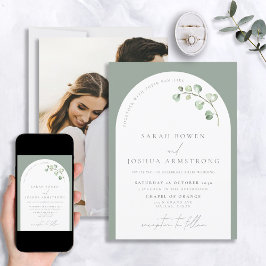 モダンSage Green Arch Botanical Photos 結婚 招待状