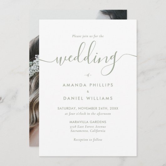 モダンSage Green Photoのスクリプ結婚ト 招待状 (正面/裏面)