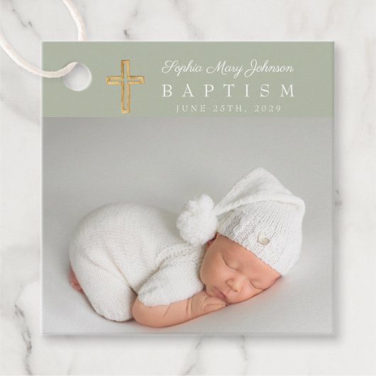 モダンSage Green Scriptフォトバプテスマ フェイバータグ (正面)