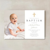 モダンSage Green Script Cross Photo Baptism 招待状