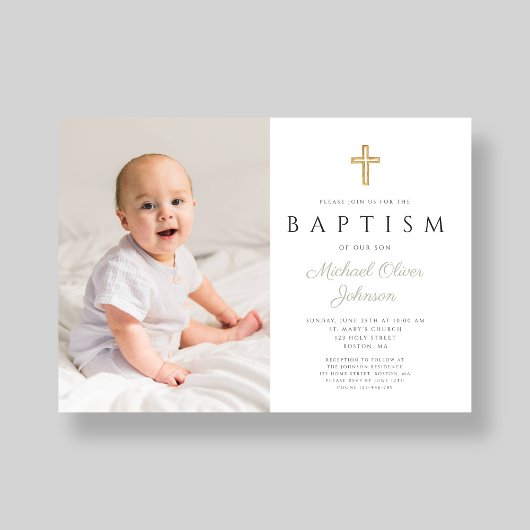 モダンSage Green Script Cross Photo Baptism 招待状