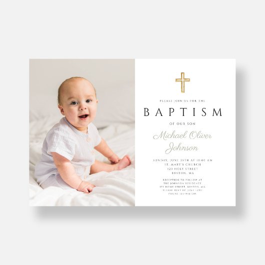 モダンSage Green Script Cross Photo Baptism 招待状