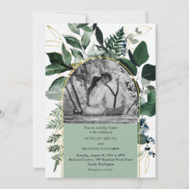 モダンSage Green Waterカラー葉の写真結婚s 招待状