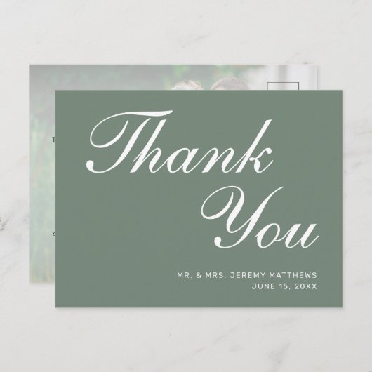 モダンSage Green White Script's 結婚 Thank You ポストカード (正面/裏面)