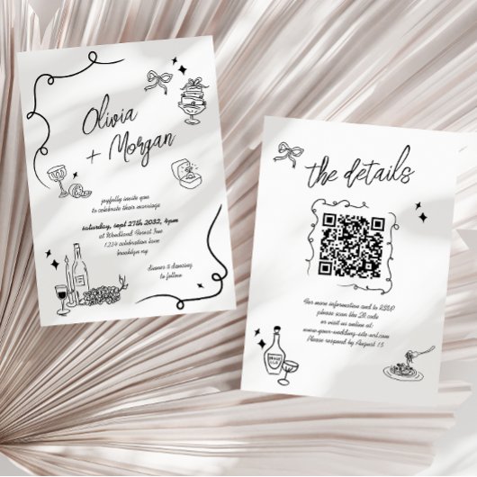 モダンScribble Doodle QRコード結婚式招待状 招待状