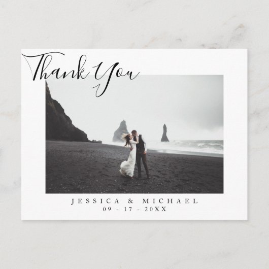 モダンScriptの結婚写真サンキューカード ポストカード (正面)