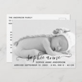 モダンScriptエレガント Photo Birth Announcement ポストカード (正面/裏面)