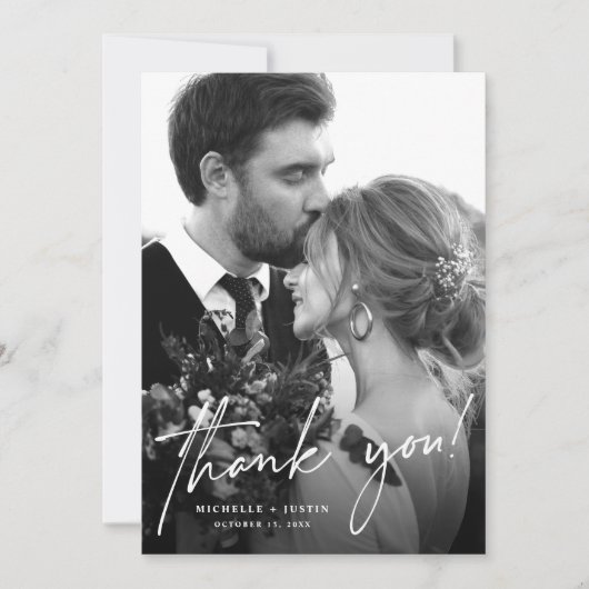 モダンScriptシンプル結婚エレガントの写真 サンキューカード (正面)