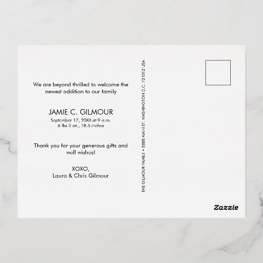 モダンScript感謝していベビー写真誕生シック金ゴールド 箔シーズンポストカード (裏面)