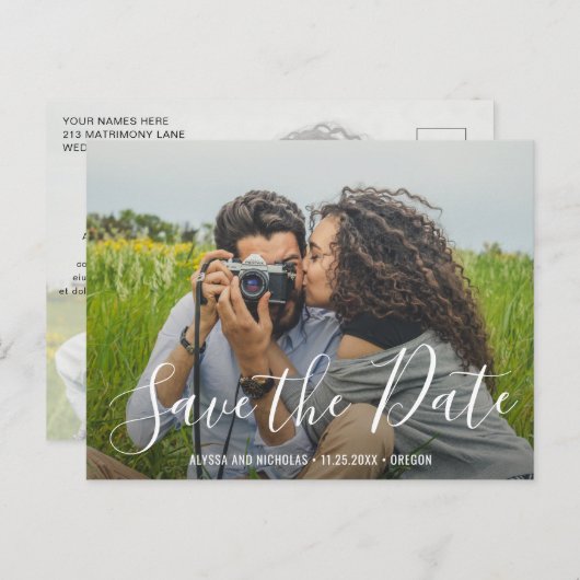 モダンScript結婚の写真Save the Date 案内ポストカード (正面/裏面)