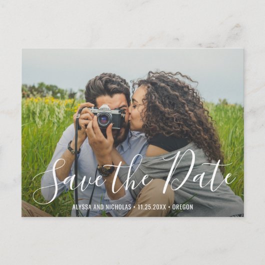 モダンScript結婚の写真Save the Date 案内ポストカード (正面)
