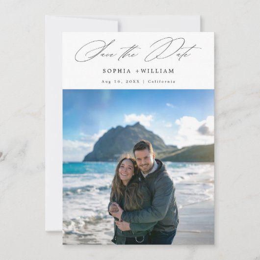 モダンScript エレガント Tropicalビーチ写真結婚の セーブザデート (正面)