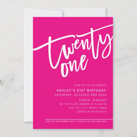 モダンSCRIPT 21歳の誕生日パーティーピンク白タイプ 招待状 (正面)