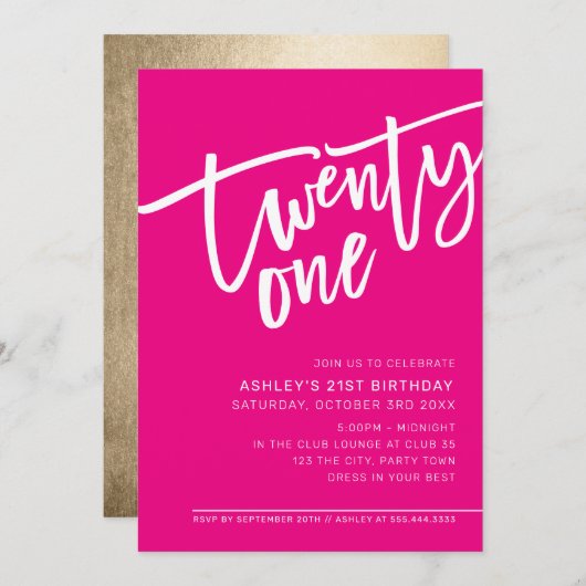 モダンSCRIPT 21歳の誕生日パーティーピンク白タイプ 招待状 (正面/裏面)