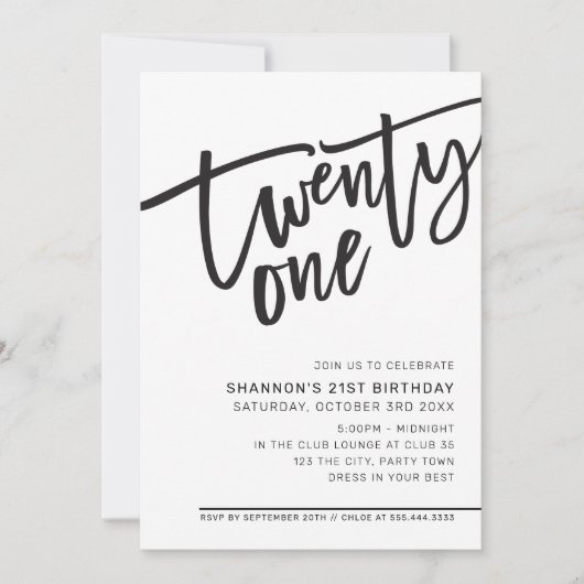 モダンSCRIPT 21歳の誕生日パーティー白黒 招待状 (正面)