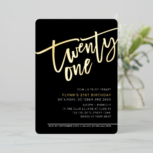 モダンSCRIPT 21歳の誕生日パーティー白黒 箔招待状 (立ち正面)
