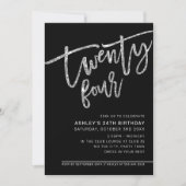 モダンSCRIPT 24th誕生日ブラックシルバーグリッター 招待状 (正面)