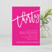 モダンSCRIPT 30th誕生日パーティーホットピンク白 招待状 (スタンド正面)
