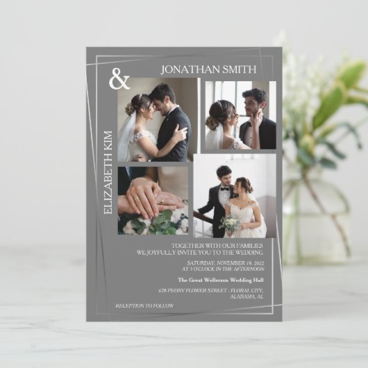 モダンScript 5エレガント Photo Grid Overlay結婚の 招待状 (スタンド正面)