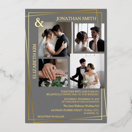 モダンScript 5エレガント Photo Grid Overlay結婚の 箔招待状 (正面)