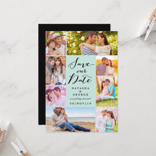 モダンScript 8数々の Photo日付の保存 招待状 (正面/裏面インサイチュ)