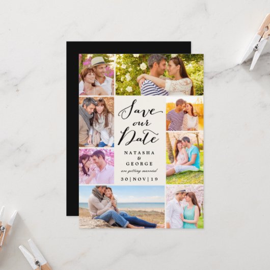 モダンScript 8数々の Photo日付の保存 招待状 (正面/裏面インサイチュ)