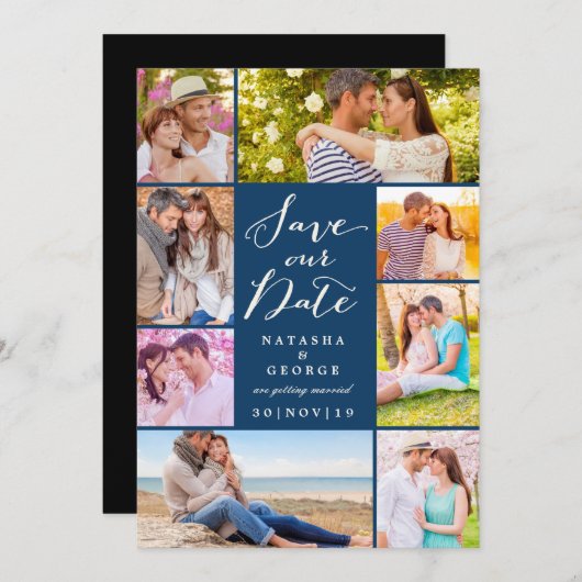 モダンScript 8数々の Photo日付の保存 招待状 (正面/裏面)