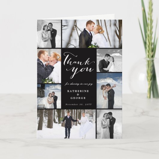 モダンScript 8-Photoの結婚コラージュデザイン サンキューカード (正面)