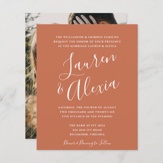 モダンScript Budgetフォト結婚式招待状 (正面/裏面)