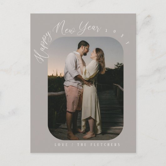 モダンScript Happy New Yearフォトホリデー ポストカード (正面)