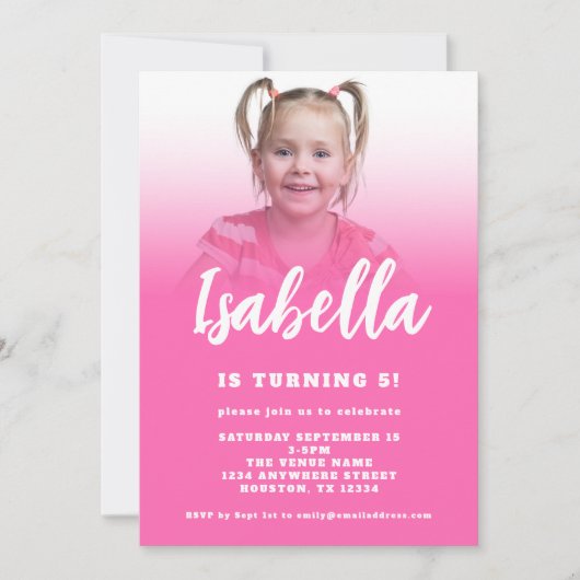 モダンScript Hot Pink Photo 5th Birthdayパーティー 招待状 (正面)