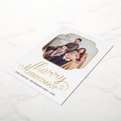 モダンScript Merry Christmas Year in Review Photo 箔シーズンカード (回転した状態)