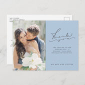 モダンScript Photo Blueの結婚Thank You ポストカード (正面/裏面)