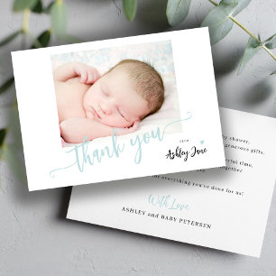 モダンScript Photo Boy Baby Shower 感謝してい you サンキューカード