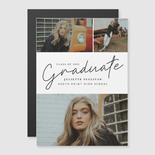 モダンScript Photo Collage卒業 マグネット招待状 (正面/裏面)