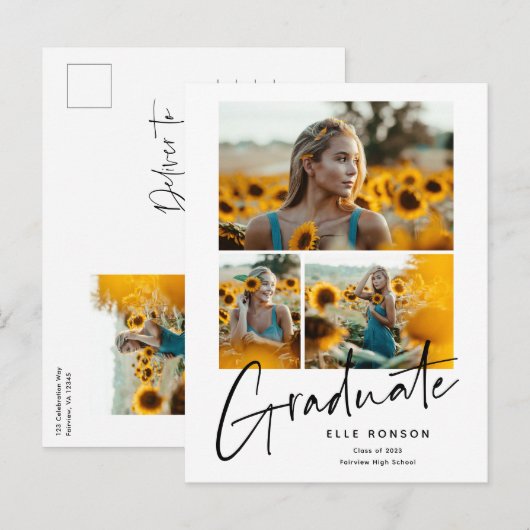 モダンScript Photo Collage卒業 案内ポストカード (正面/裏面)