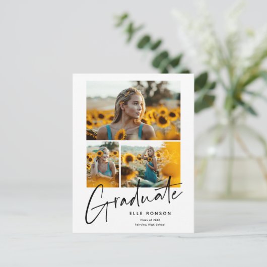 モダンScript Photo Collage卒業 案内ポストカード (スタンド正面)
