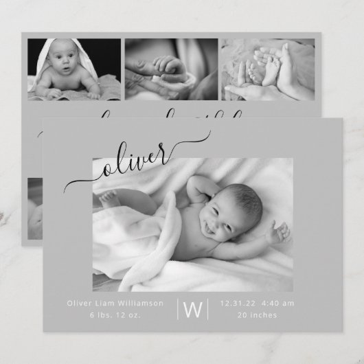 モダンScript Photo Collage新生児誕生 案内状 (正面/裏面)