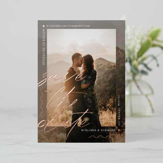 モダンScript Photo Overlay日付の保存 箔招待状