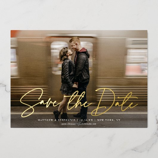 モダンSCRIPT SAVE THE DATE PHOTO 実在 箔招待状 (正面)