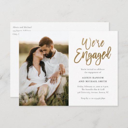 モダンScript We're Photo婚約した婚約パーティ インビテーションポストカード (正面/裏面)