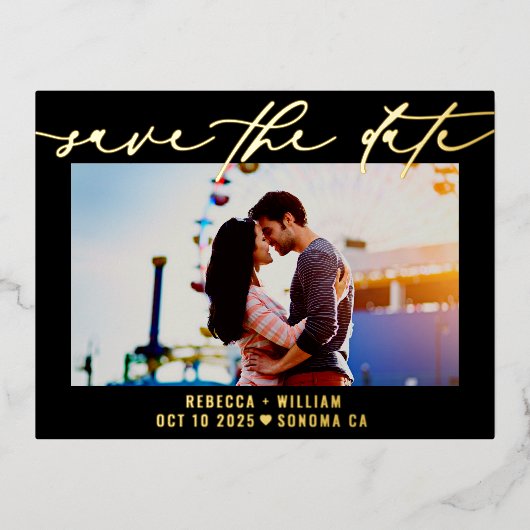 モダンScript's 結婚 Photo日付はがきを保存 箔招待状ポストカード (正面)